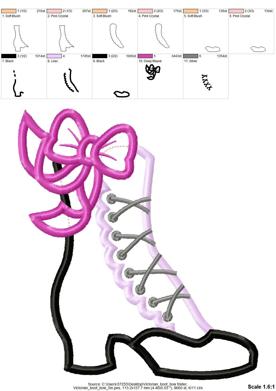 Victorian Boot with Bow – Sizes 4" 5" 5.5" 6" 7" 10" Digital Embroidery File | Artapli