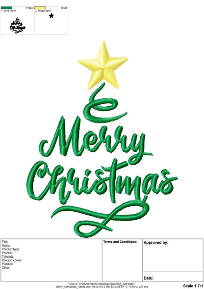Merry Christmas, Christmas tree curly damask with star sparkle swirl curl saying machine embroidery designs