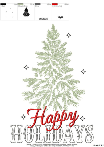 Happy Holidays Light stitch old fashioned classic Christmas Kitchen dish towel quote saying machine embroidery design