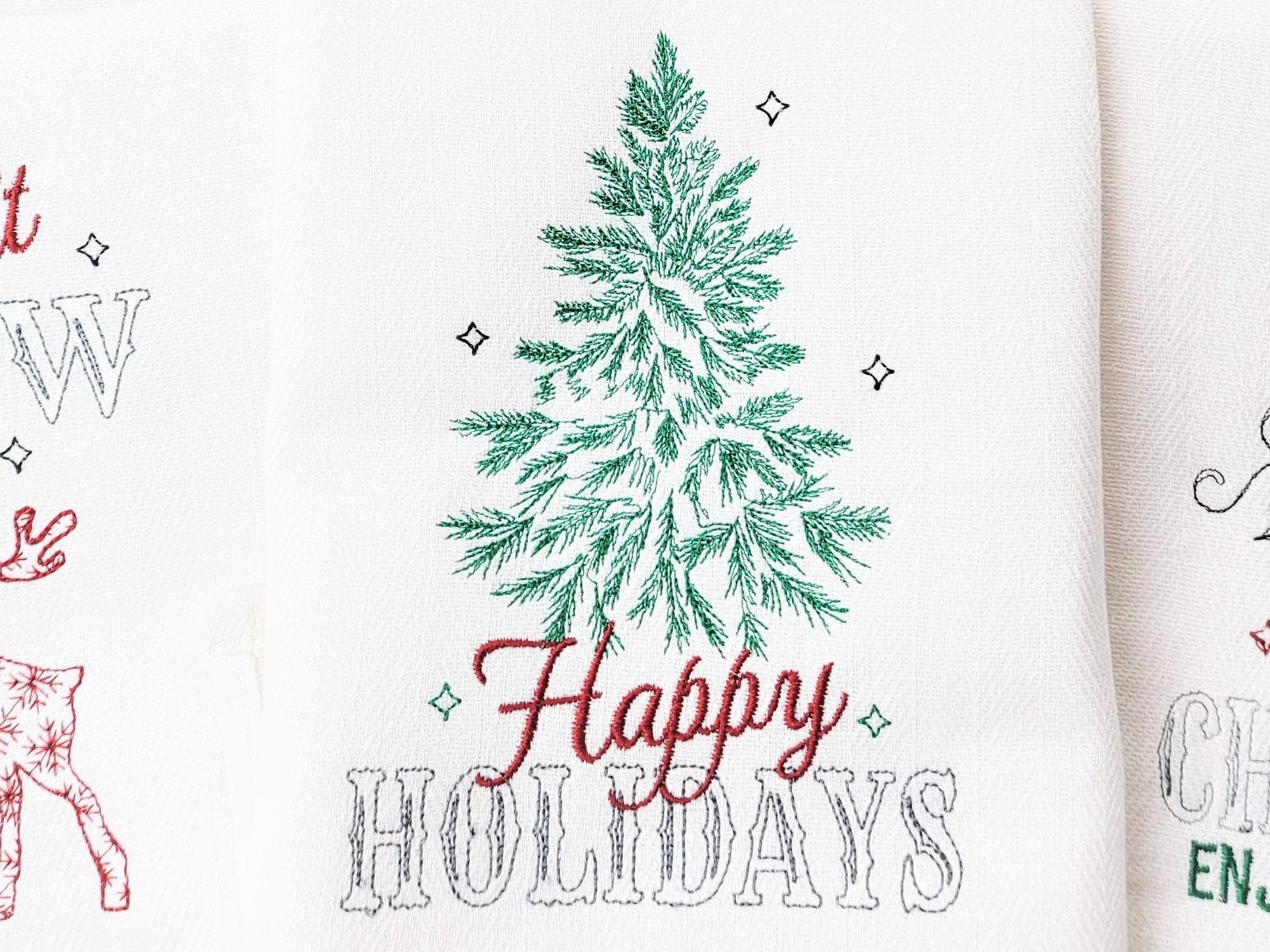 Happy Holidays Light stitch old fashioned classic Christmas Kitchen dish towel quote saying machine embroidery design