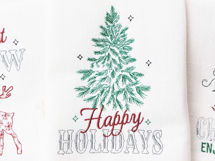 Happy Holidays Light stitch old fashioned classic Christmas Kitchen dish towel quote saying machine embroidery design