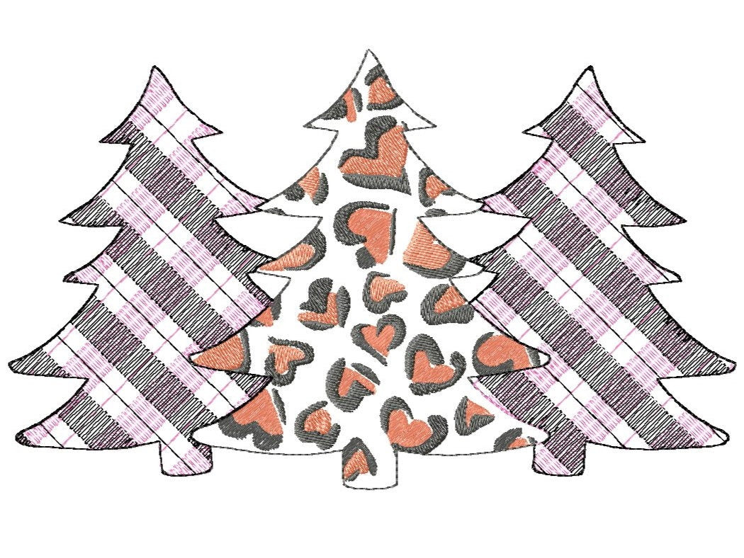 Gingham Tartan Plaid and extraordinary Leopard print Tree Trio machine embroidery designs 3 three Christmas trees in a row woodland spruce