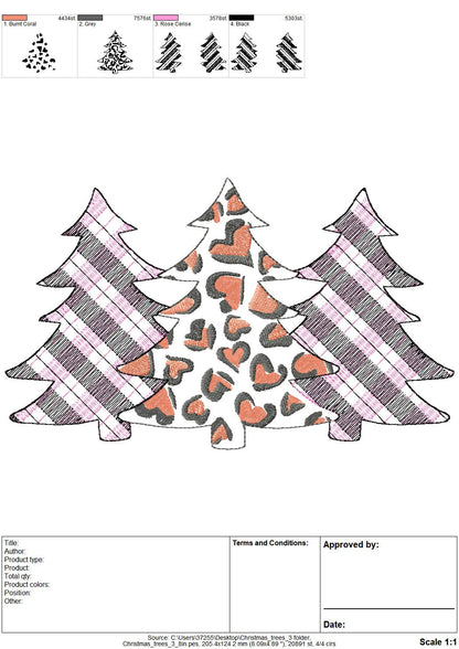 Gingham Tartan Plaid and extraordinary Leopard print Tree Trio machine embroidery designs 3 three Christmas trees in a row woodland spruce
