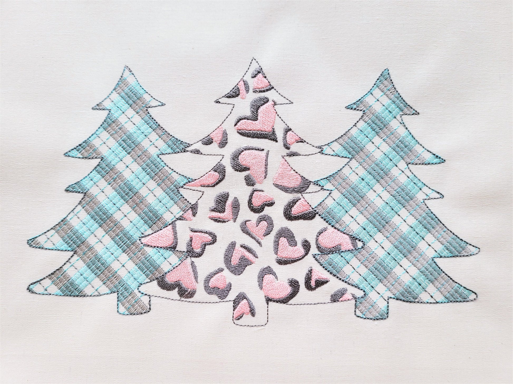 Gingham Tartan Plaid and extraordinary Leopard print Tree Trio machine embroidery designs 3 three Christmas trees in a row woodland spruce