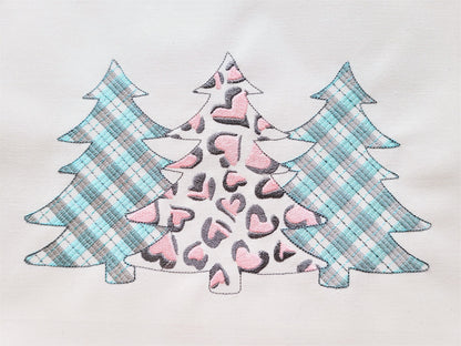 Gingham Tartan Plaid and extraordinary Leopard print Tree Trio machine embroidery designs 3 three Christmas trees in a row woodland spruce
