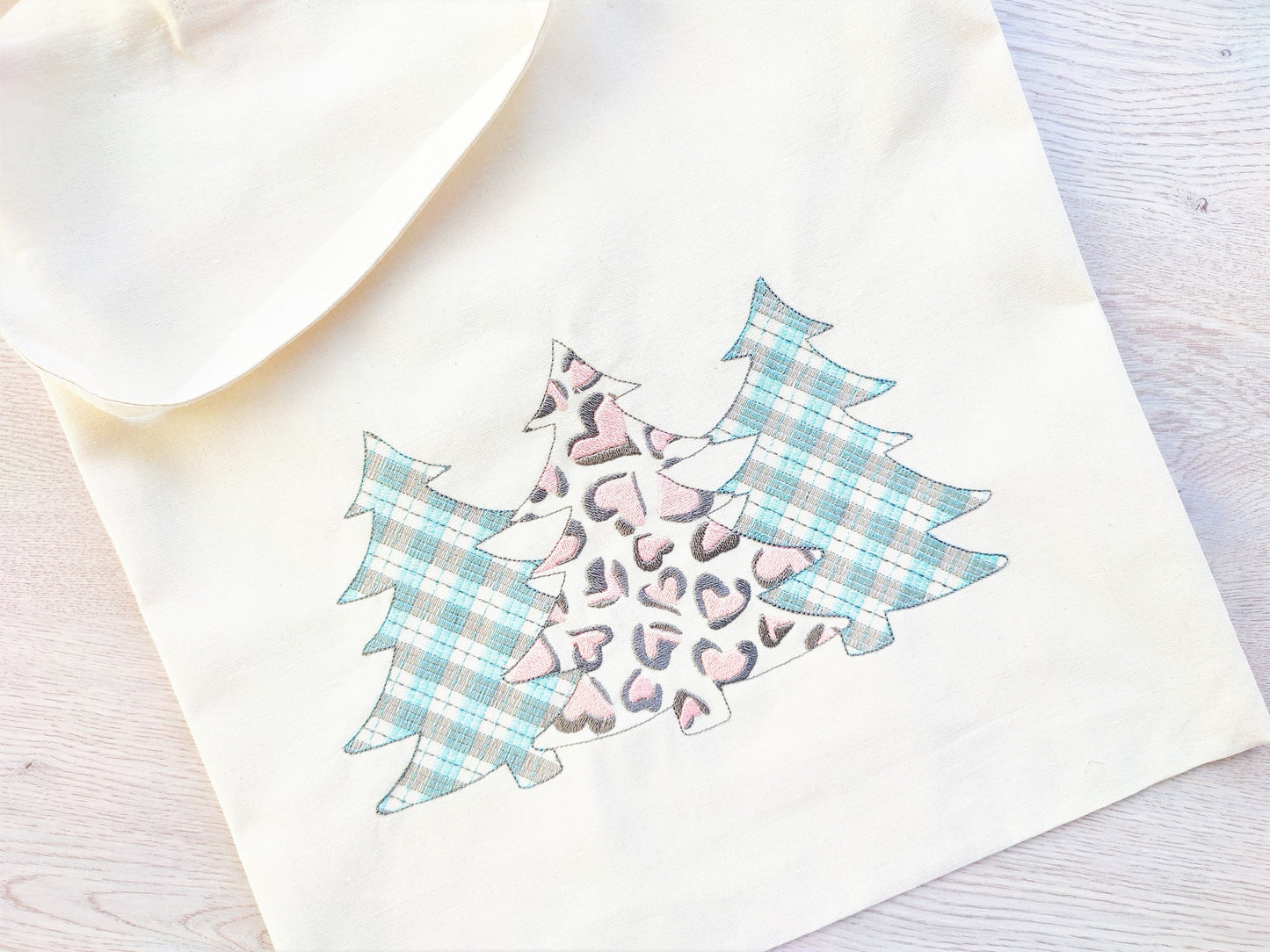 Gingham Tartan Plaid and extraordinary Leopard print Tree Trio machine embroidery designs 3 three Christmas trees in a row woodland spruce