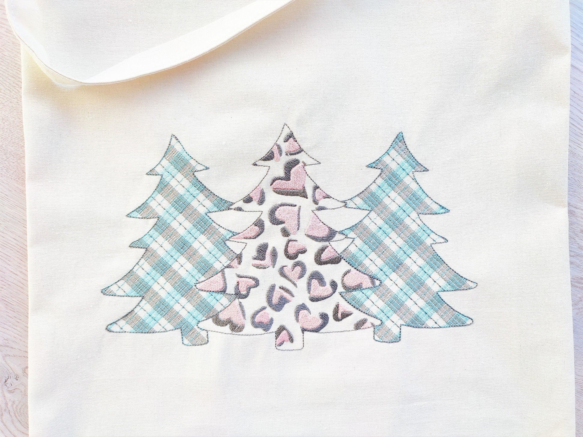Gingham Tartan Plaid and extraordinary Leopard print Tree Trio machine embroidery designs 3 three Christmas trees in a row woodland spruce