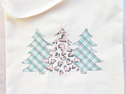 Gingham Tartan Plaid and extraordinary Leopard print Tree Trio machine embroidery designs 3 three Christmas trees in a row woodland spruce