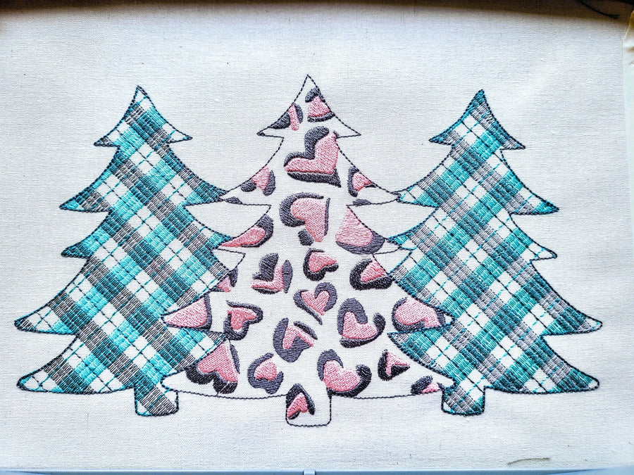 Gingham Tartan Plaid and extraordinary Leopard print Tree Trio machine embroidery designs 3 three Christmas trees in a row woodland spruce