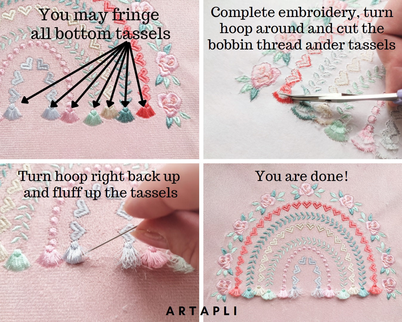 Heart Rainbow fringed tassels machine embroidery designs in assorted sizes girly pretty Heart Rainbow bottom tassels