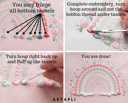 Heart Rainbow fringed tassels machine embroidery designs in assorted sizes girly pretty Heart Rainbow bottom tassels