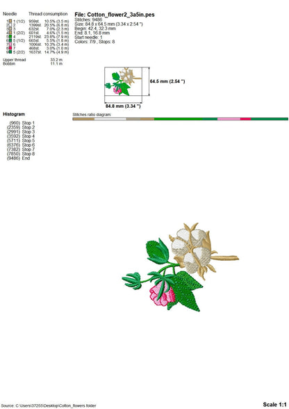 Cotton and Rose Branch wreath – Cotton embroidery design instant download by Artapli