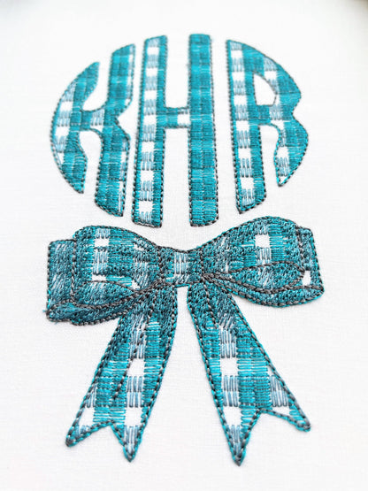 Plaid gingham checked Christmas bow and three-letters Tartan Buffalo Circle Monogram machine embroidery designs