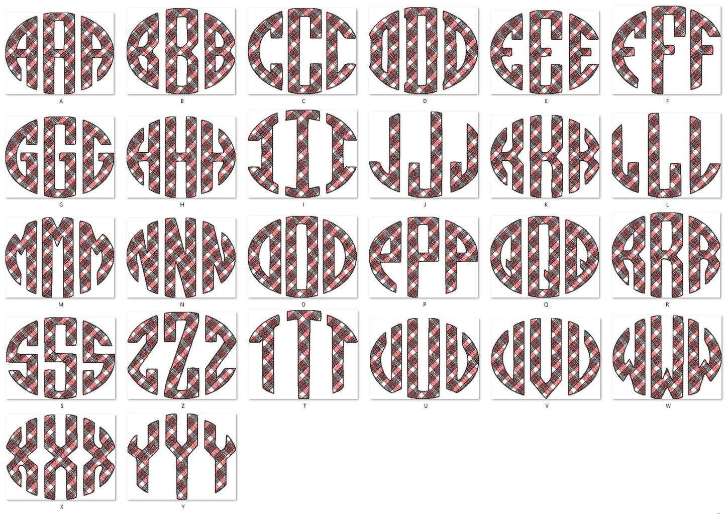 Pumpkin oval shape Monogram A-Z, plaid gingham checked tartan buffalo  monogram machine embroidery designs 1.5, 2, 3, 4, 5, 6 in, BX incl