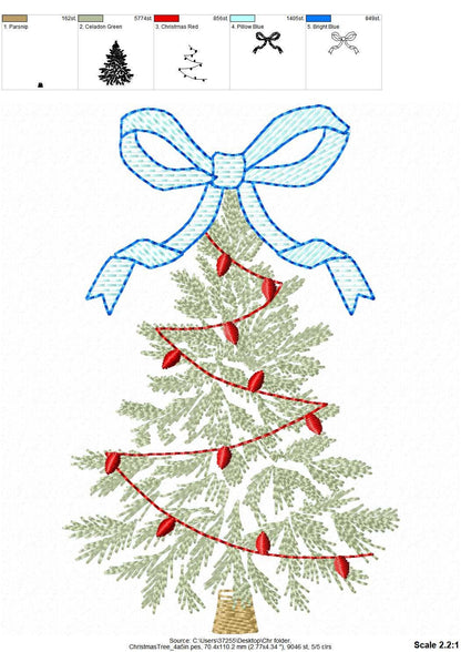 Vintage Baby bow Christmas tree Woodland Spruce Fir Tree and garland lights light stitch outline machine embroidery designs