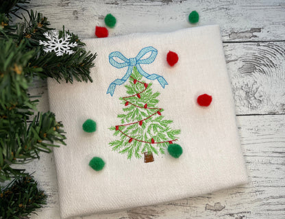 Vintage Baby bow Christmas tree Woodland Spruce Fir Tree and garland lights light stitch outline machine embroidery designs