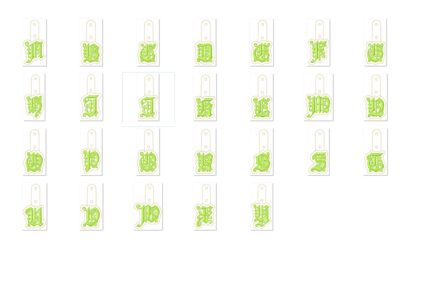 Key fob snap tab Monogram gothic initial letters from A up to Z in the hoop ITH keyfob bag tag keychain machine embroidery designs