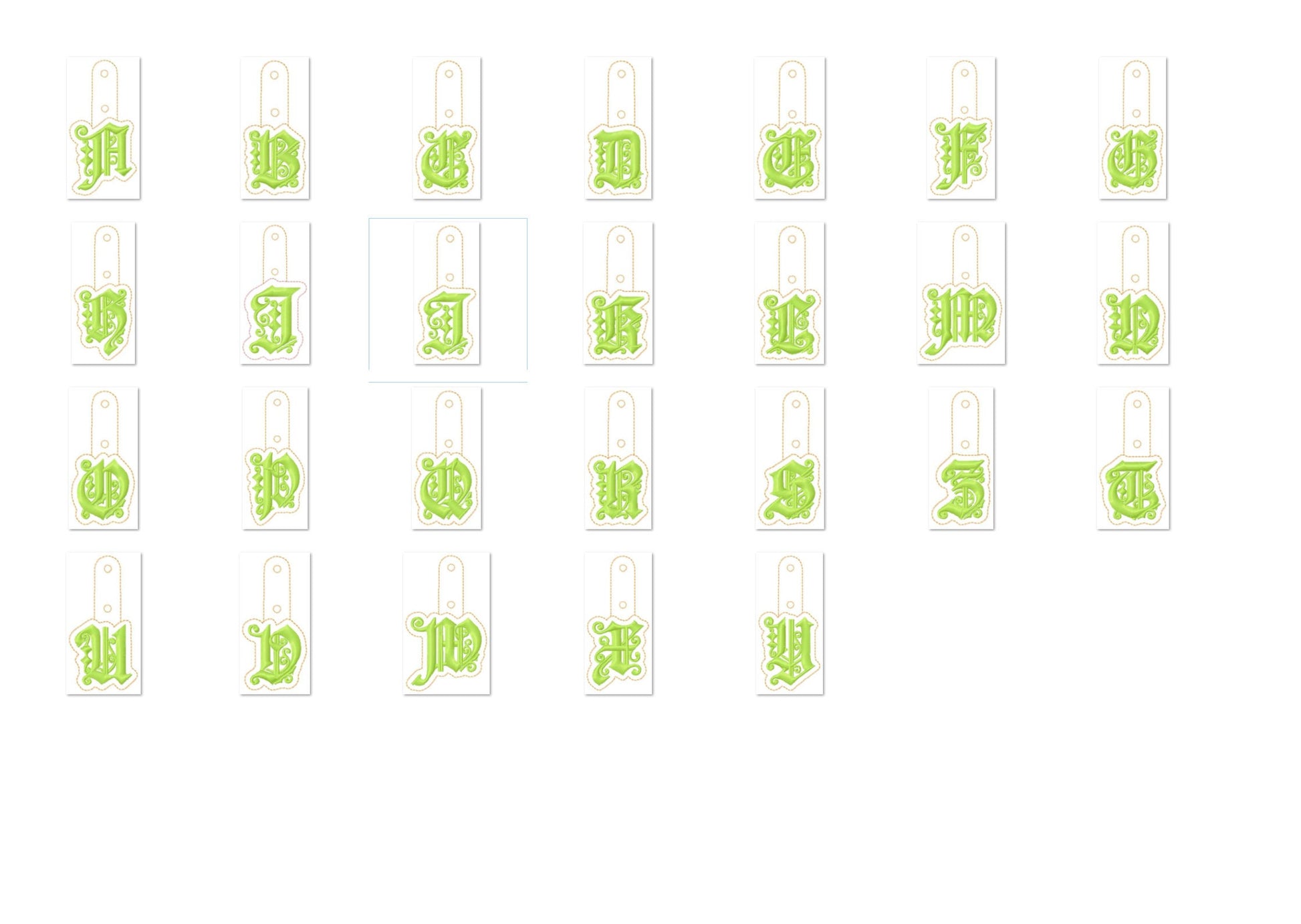 Key fob snap tab Monogram gothic initial letters from A up to Z in the hoop ITH keyfob bag tag keychain machine embroidery designs