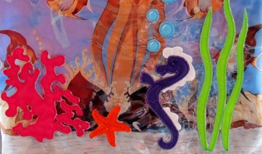 Sea life set, Seahorse, water bubbles, Sea vegetation, corals, sea star  