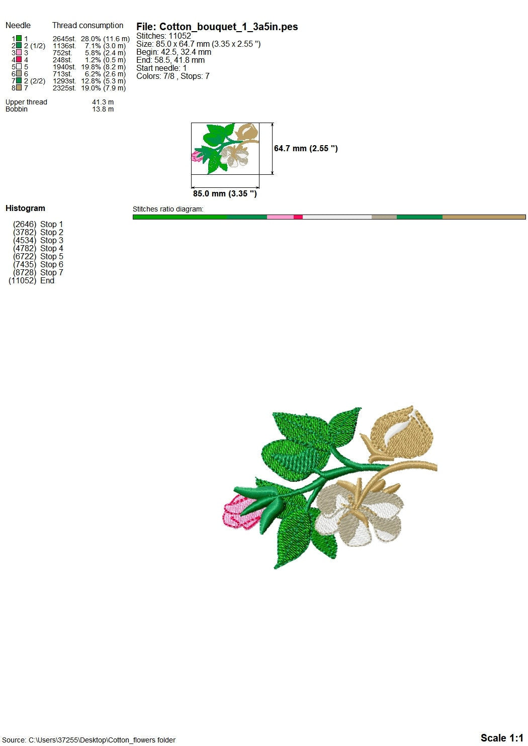Cotton and Rose Branch wreath – Cotton machine embroidery design by Artapli