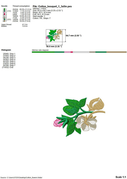 Cotton and Rose Branch wreath – Cotton machine embroidery design by Artapli