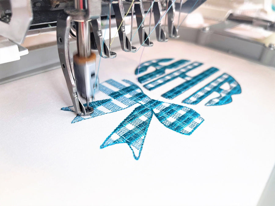 Plaid gingham checked Christmas bow and three-letters Tartan Buffalo Circle Monogram machine embroidery designs