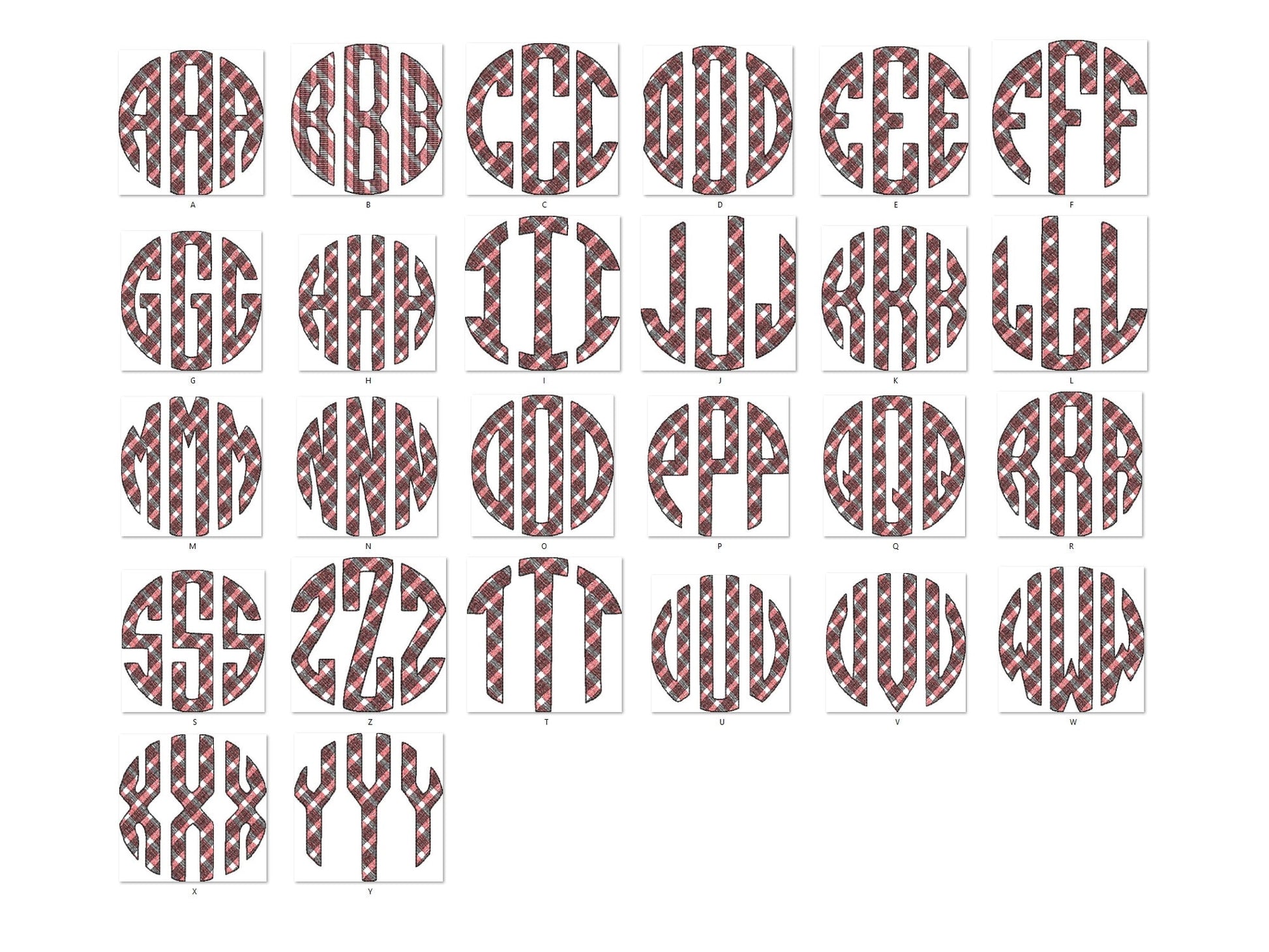 Plaid gingham checkered Diagonal Tartan Circle Monogram font A-Z machine embroidery designs