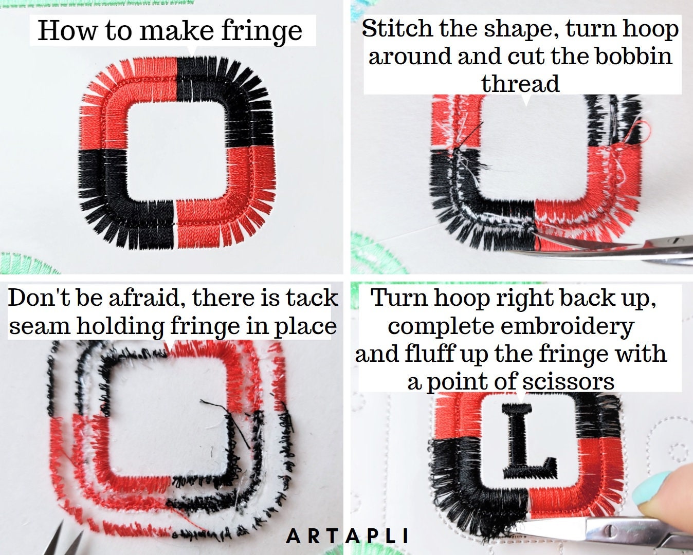 Key fob snap tab fluffy A-Z – Fringe embroidery design by Artapli