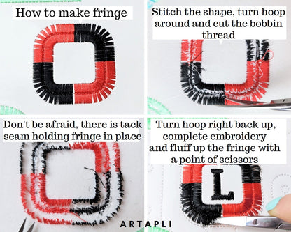 Key fob snap tab fluffy A-Z – Fringe embroidery design by Artapli