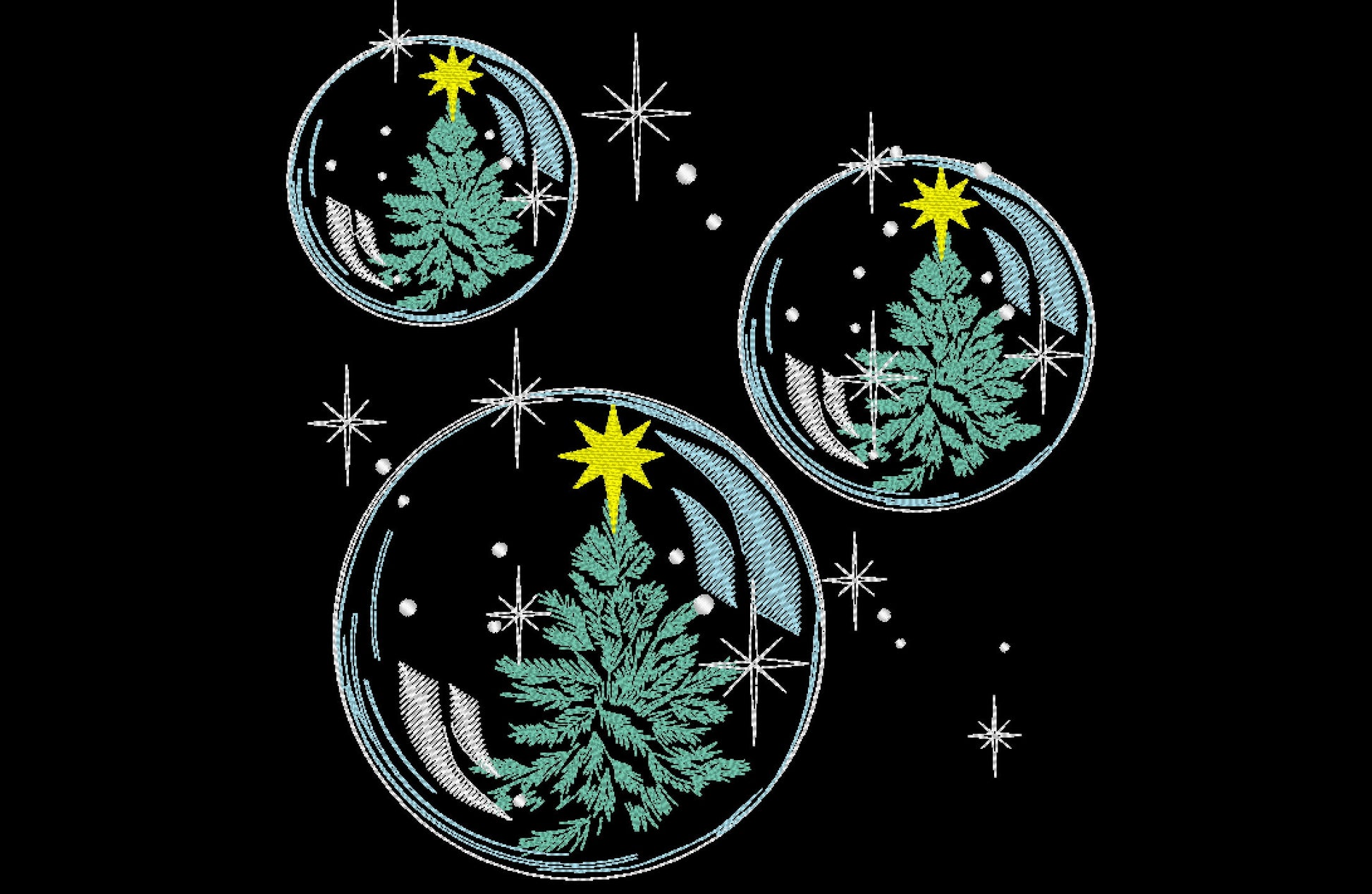 Single Christmas bubble light stitch design and design of 3 soap bubbles, twinkle Christmas tree machine embroidery designs