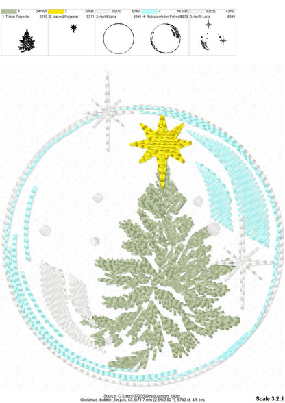 Single Christmas bubble light stitch design and design of 3 soap bubbles, twinkle Christmas tree machine embroidery designs