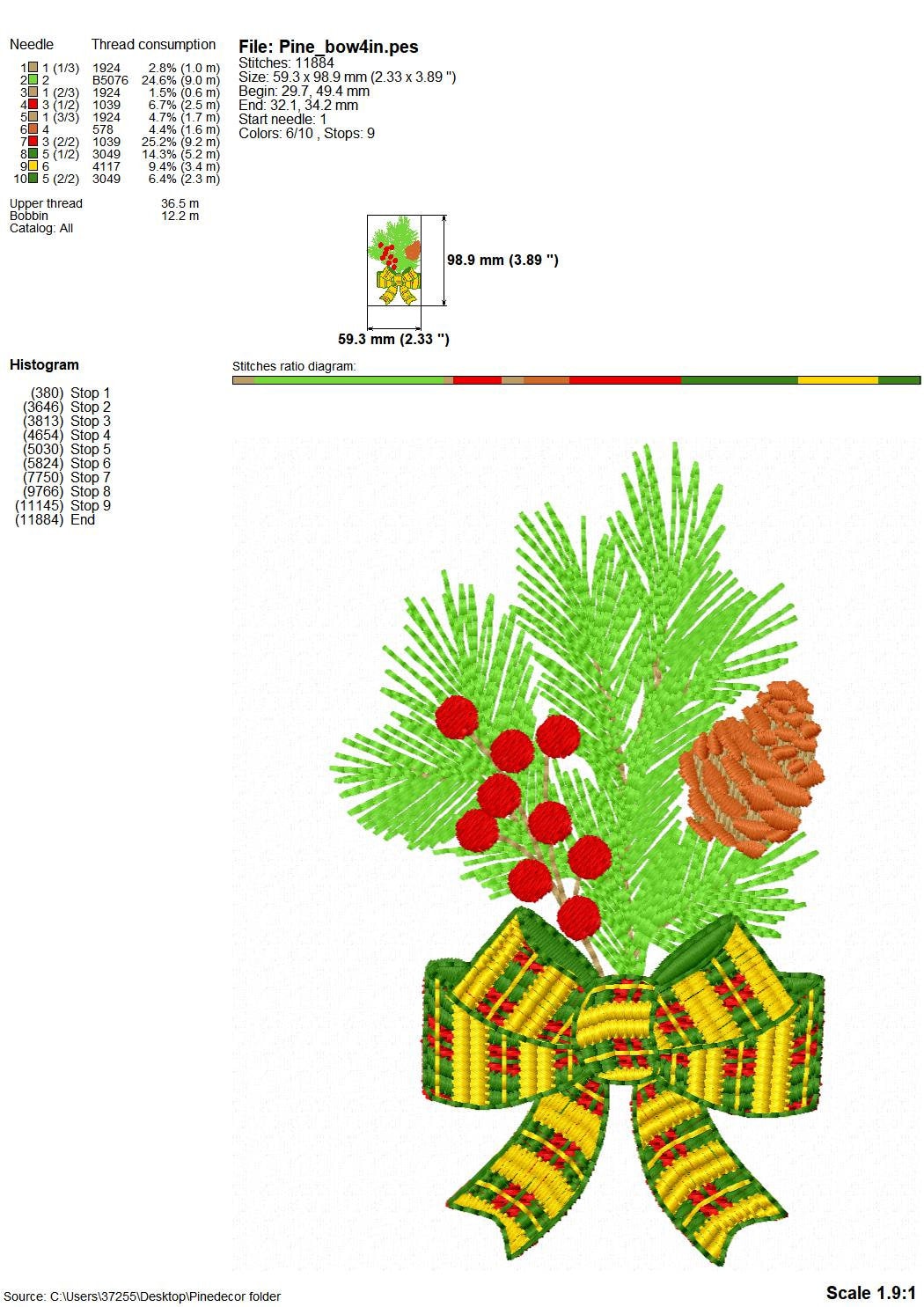 Pine ornament Merry Christmas machine embroidery designs Gingham plaid Bow towel or pillow design