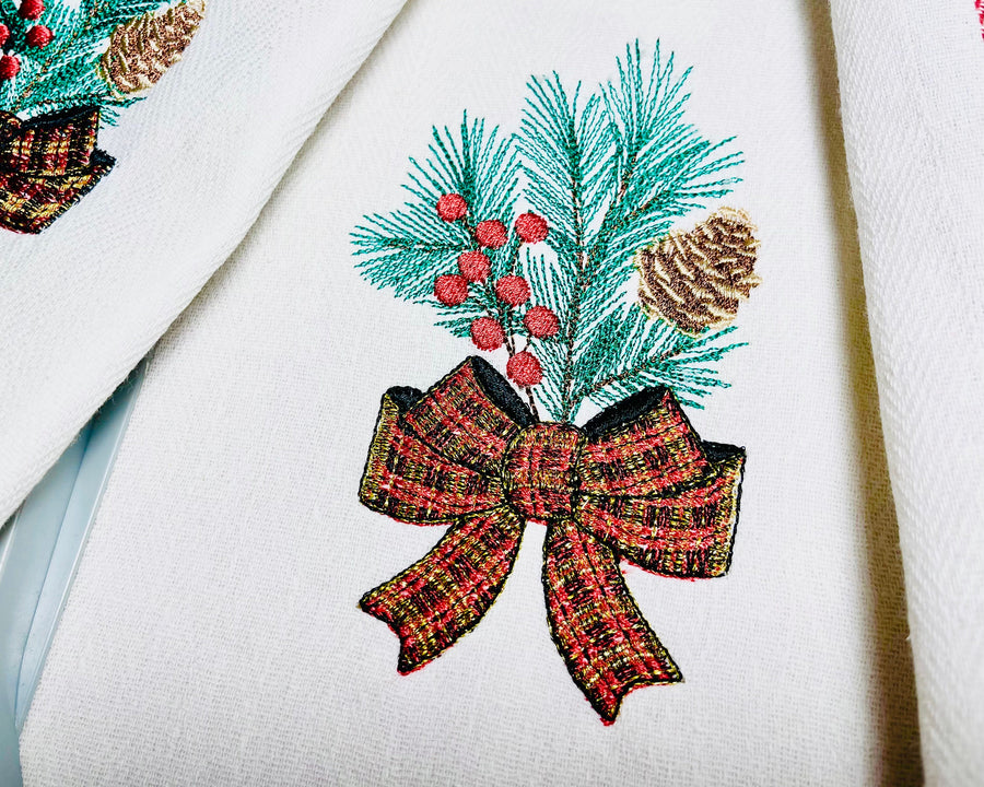 Pine ornament Merry Christmas machine embroidery designs Gingham plaid Bow towel or pillow design
