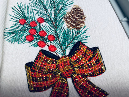 Pine ornament Merry Christmas machine embroidery designs Gingham plaid Bow towel or pillow design