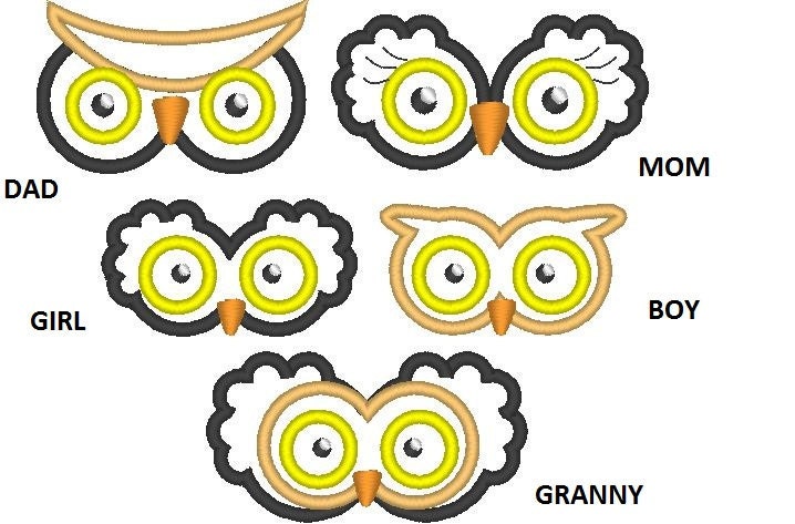 Family Owl Eyes Applique Embroidery 3" 4" 5" 6" 7" | PES DST JEF | Artapli