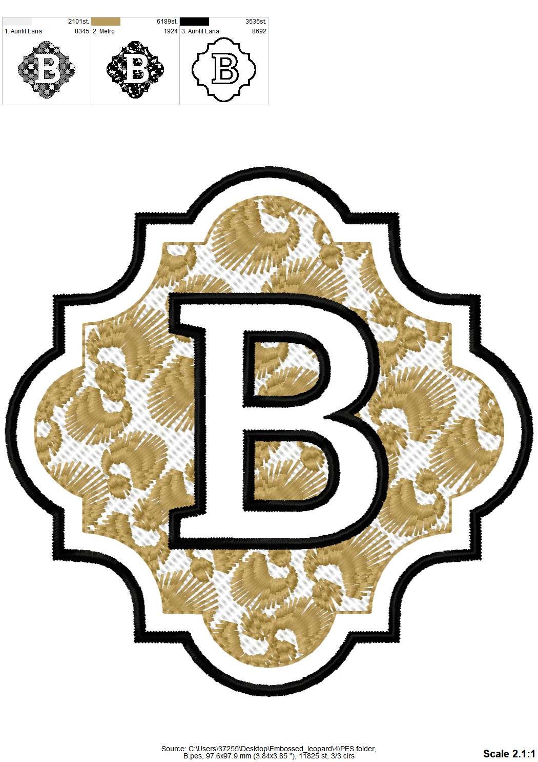 Embossed monogram with leopard spots – Alphabet machine embroidery design by Artapli