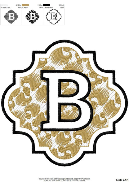 Embossed monogram with leopard spots – Alphabet machine embroidery design by Artapli