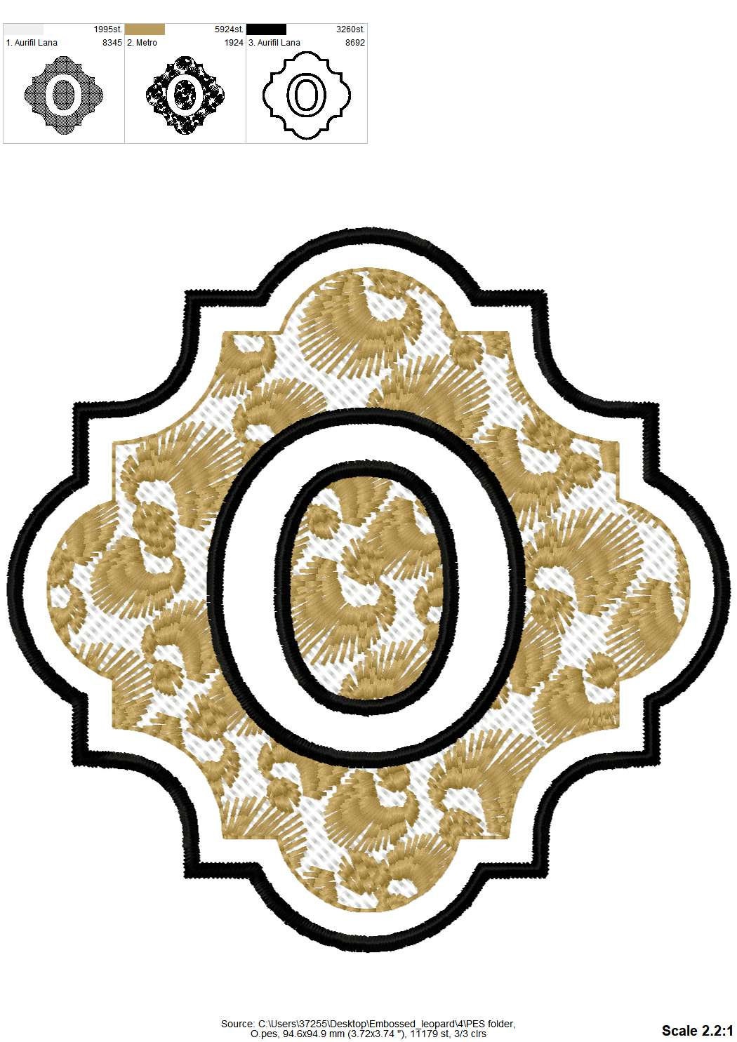 Embossed monogram with leopard spots – Font embroidery design instant download by Artapli