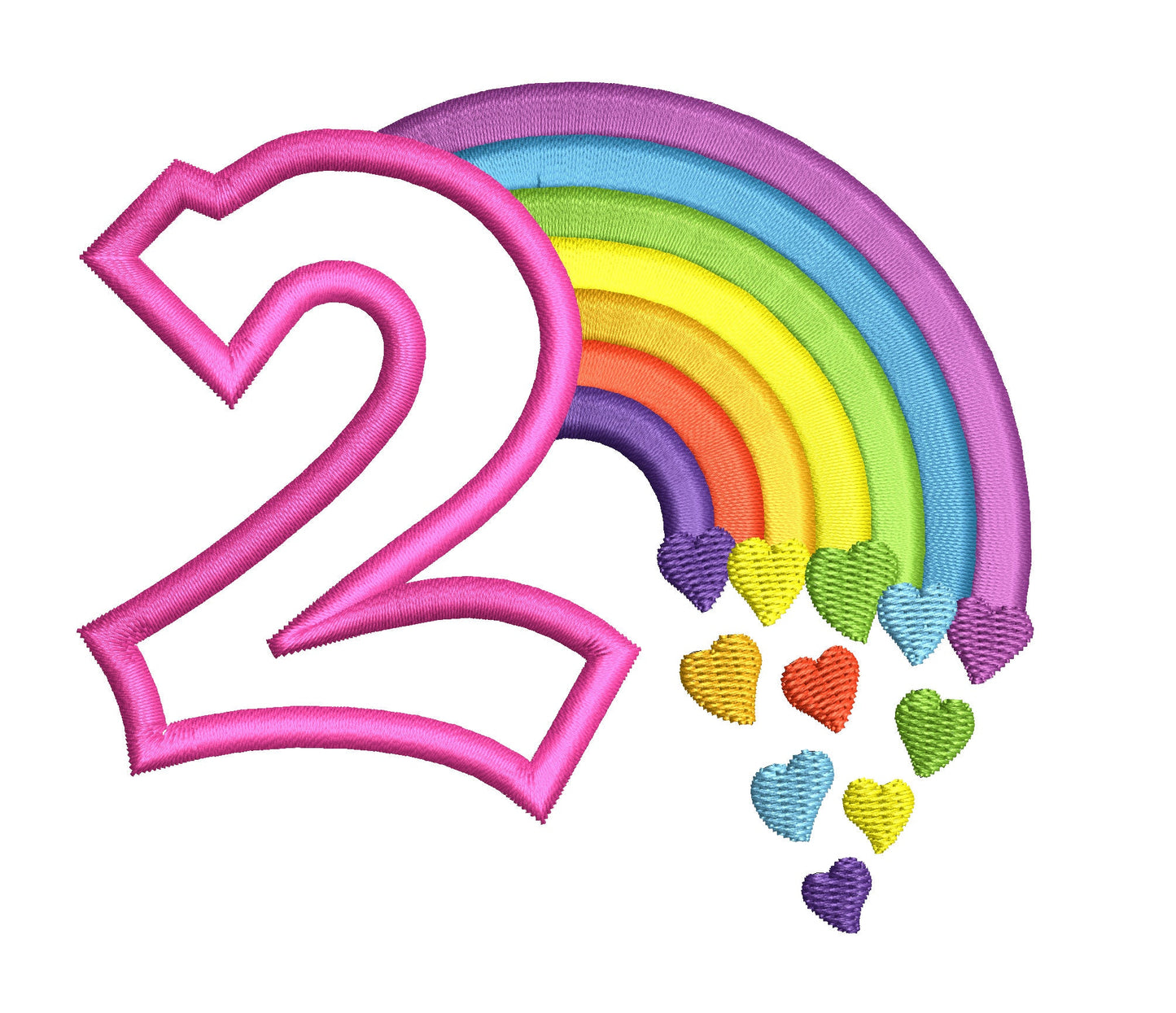 Cute Rainbow Birthday Number 2 TWO machine Applique Embroidery 4" 5" 6" 7" | PES DST JEF | Artapli