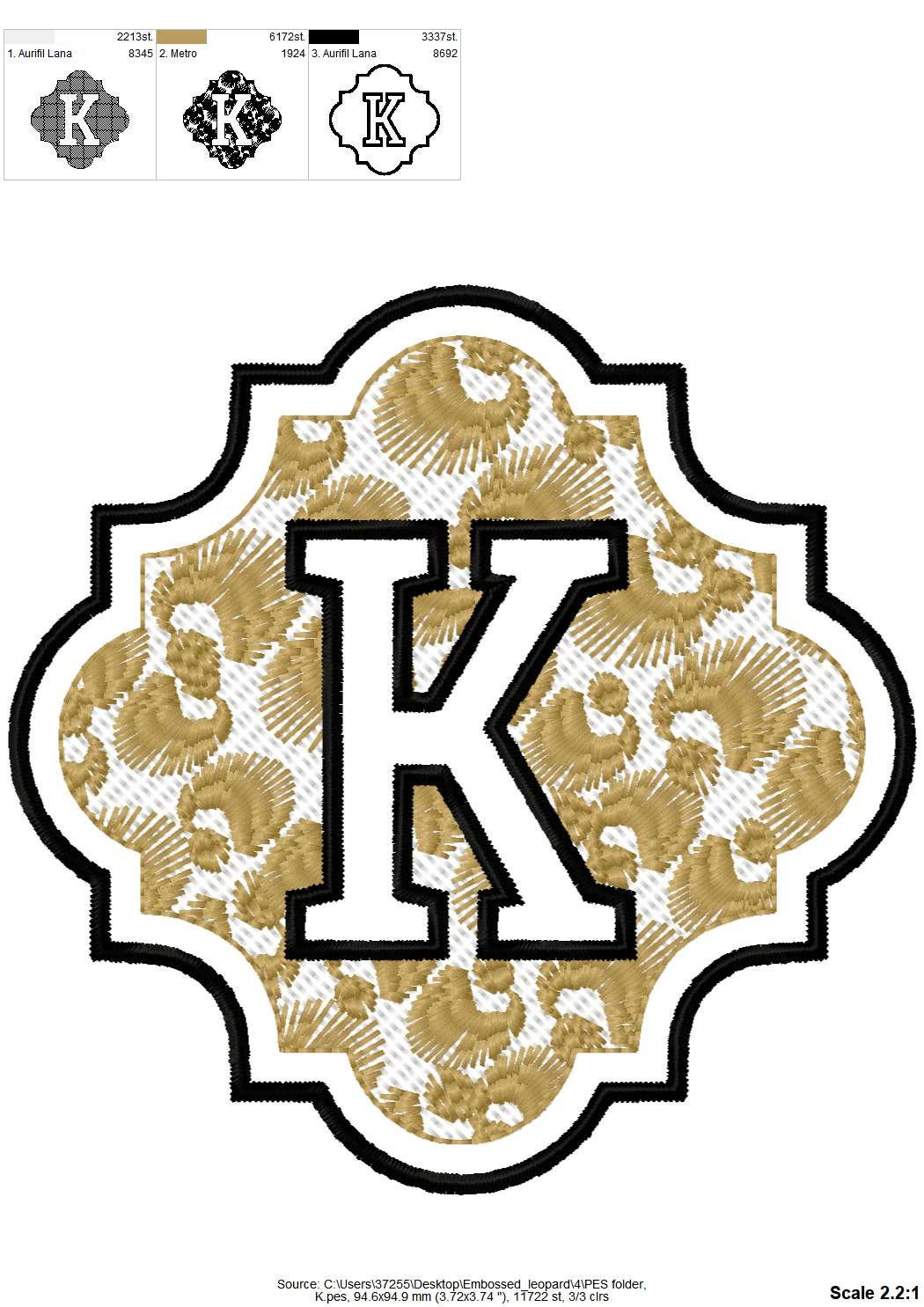 Embossed monogram with leopard spots – Embossed embroidery pattern by Artapli