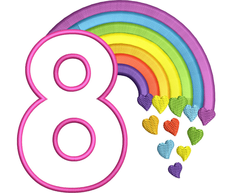 Rainbow Birthday Number Eight Applique Embroidery 4" 5" 6" 7" | PES DST JEF | Artapli