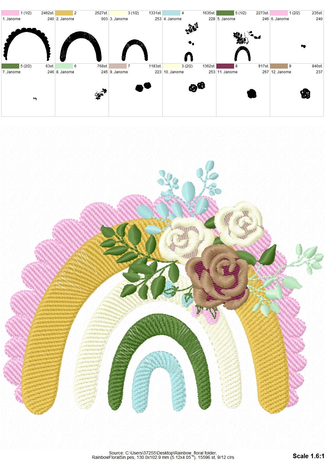 Floral light stitch Rainbow – Sizes 4" 5" 5.5" 6" 7" 8" Digital Embroidery File | Artapli
