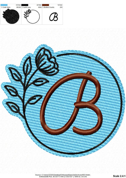 Embossed floral round monograms A-Z – Font machine embroidery design by Artapli