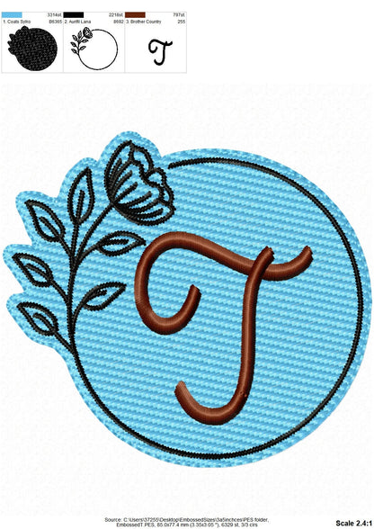 Embossed floral round monograms A-Z – Towel embroidery pattern by Artapli