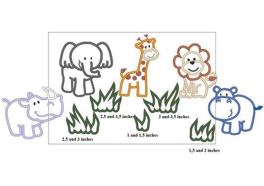 Wild animal set Elephant Giraffe Rhino and Behemoth kids baby Applique machine embroidery designs