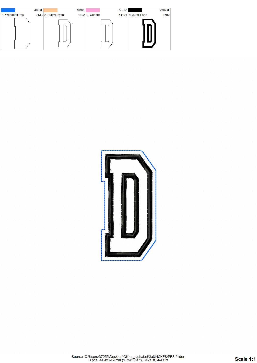 Glitter vinyl narrow font – Appliqué embroidery design by Artapli