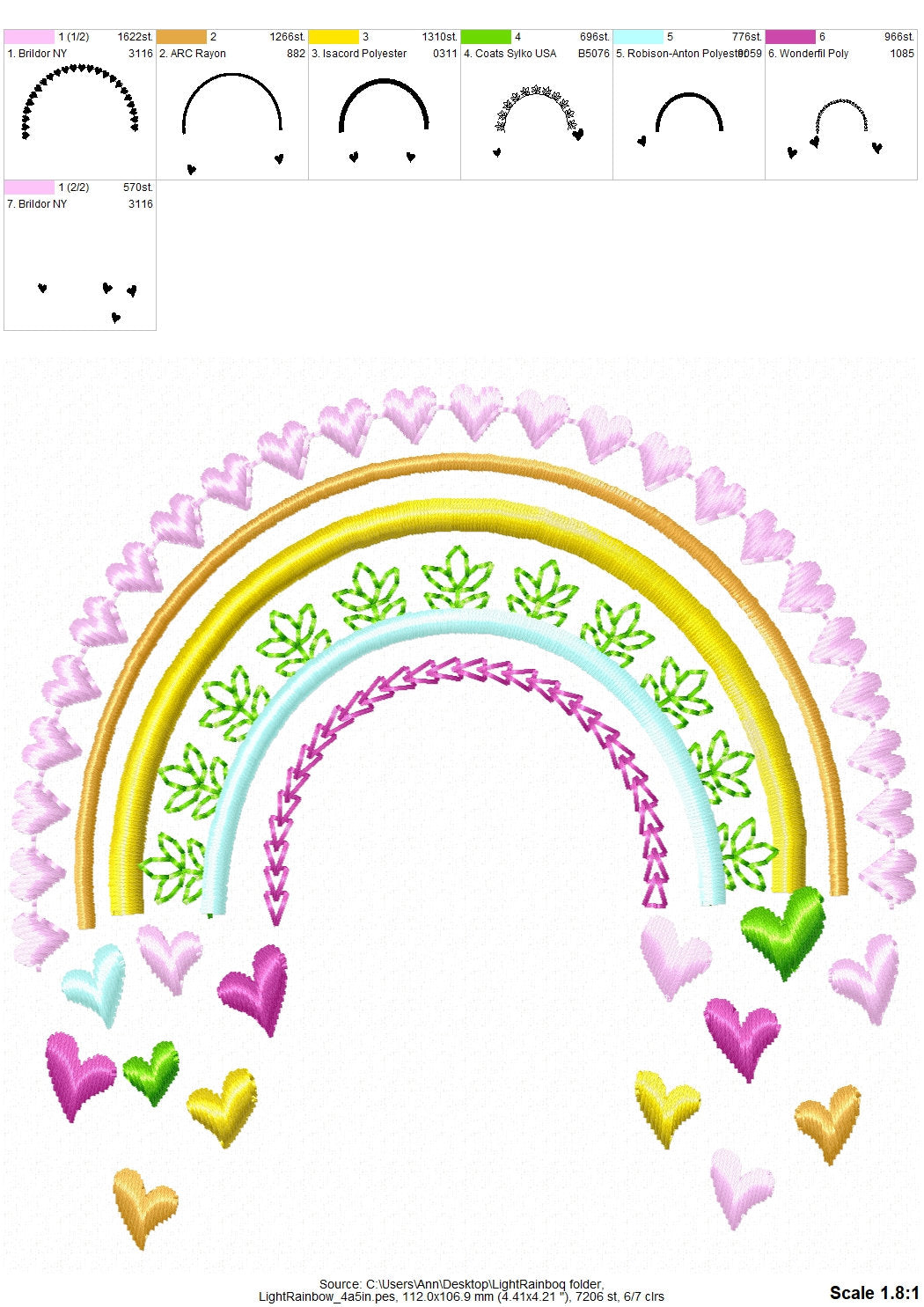 Light Stitch Rainbow Machine Embroidery Designs Girly Rainbow Falling Hearts Cute Boho