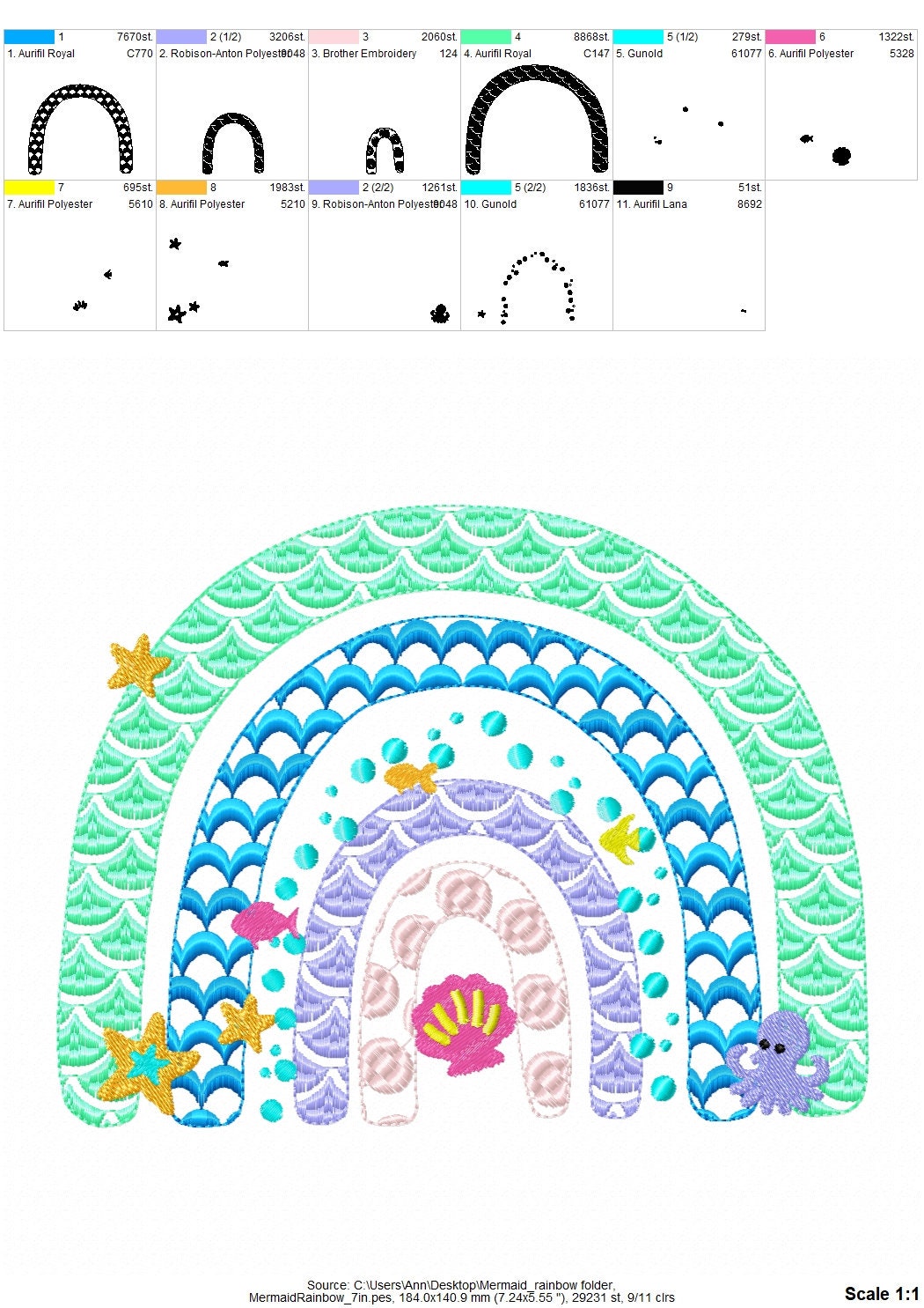 Mermaid summer sea beach Rainbow – Sizes 4" 5" 6" 7" 8" 9" Digital Embroidery File | Artapli
