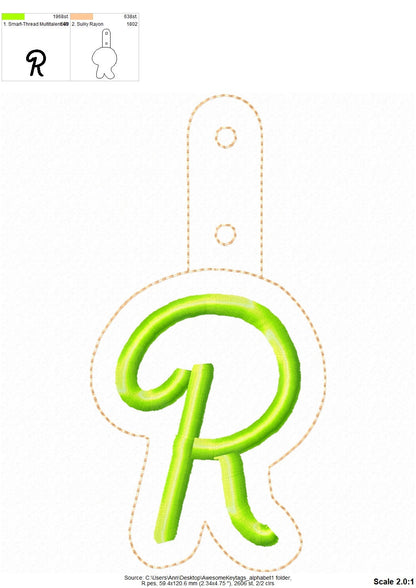 Key fob snap tab Monogram script initial letters from A up to Z in the hoop ITH keyfob bag tag keychain machine embroidery designs