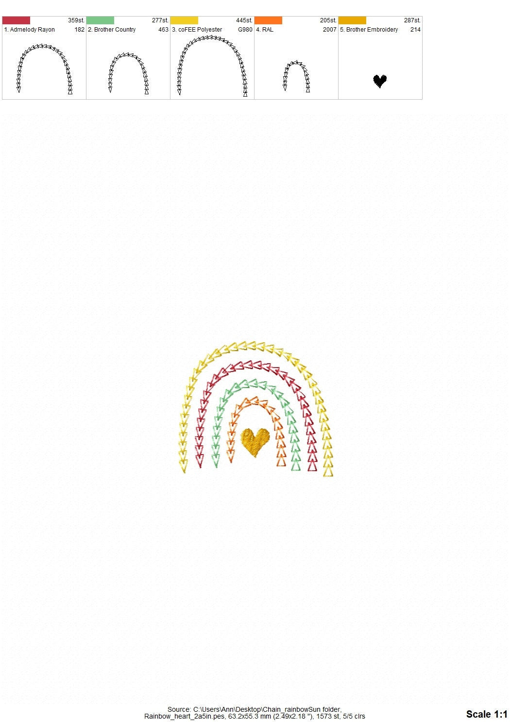 Primitive Quick Light Stitch Chain Heart Mini Rainbow Machine Embroidery Designs